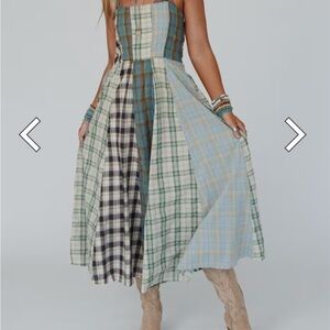 Three Bird Nest Plaid Patchwork Midi Dress - Green, Blue, Cream